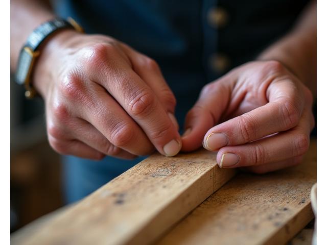Hände eines erfahrenen Handwerkers beim Bearbeiten von Holz, Nahaufnahme