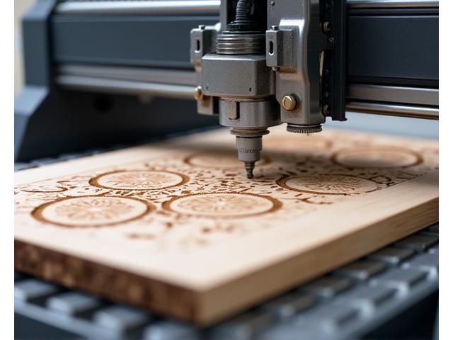 Moderne CNC-Fräsmaschine bearbeitet ein Holzbrett mit hoher Präzision.