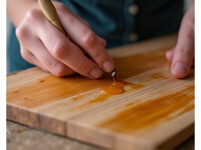 Hände tragen eine natürliche Holzoberfläche mit Öl oder Wachs auf ein Holzbrett auf.