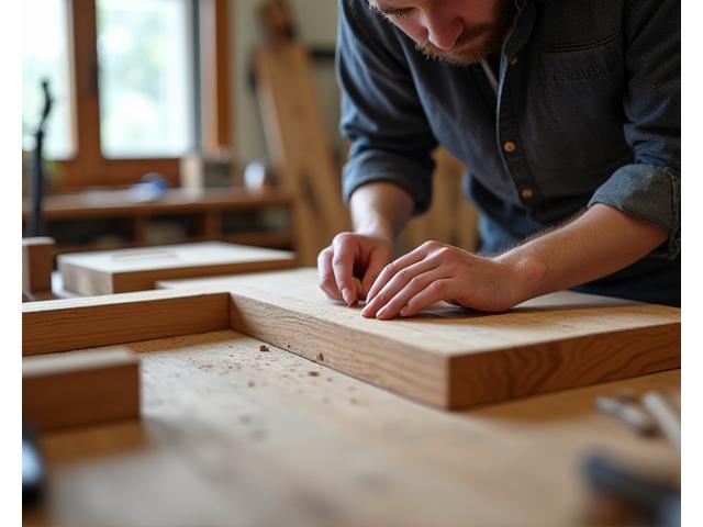 Professioneller Tischler fertigt ein maßgeschneidertes Holzmöbelstück in einer Werkstatt.