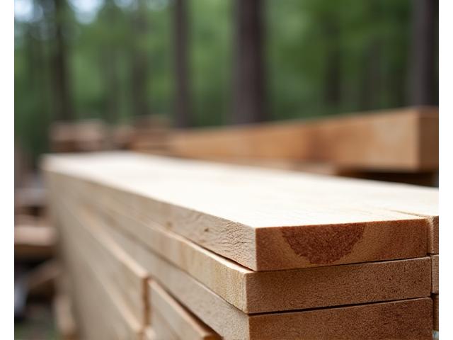 Stapel von hellen Holzbrettern in einem Sägewerk, mit Fokus auf Nachhaltigkeit.