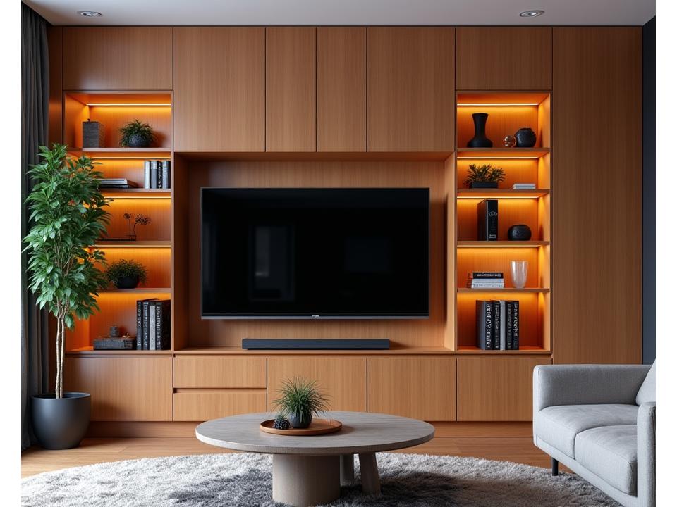 Moderner Wohnzimmer Innenausbau mit Echtholzverkleidung