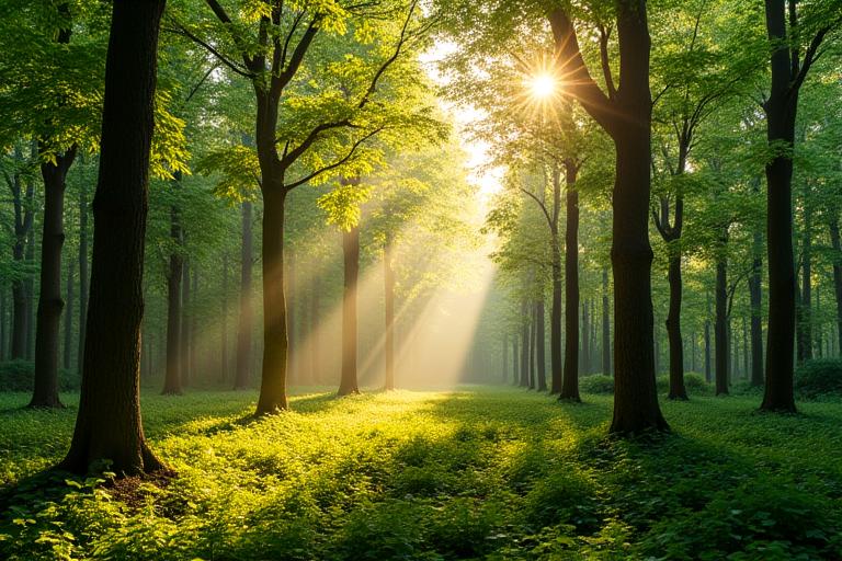 Ein sonnendurchfluteter, nachhaltig bewirtschafteter Wald mit jungen Bäumen